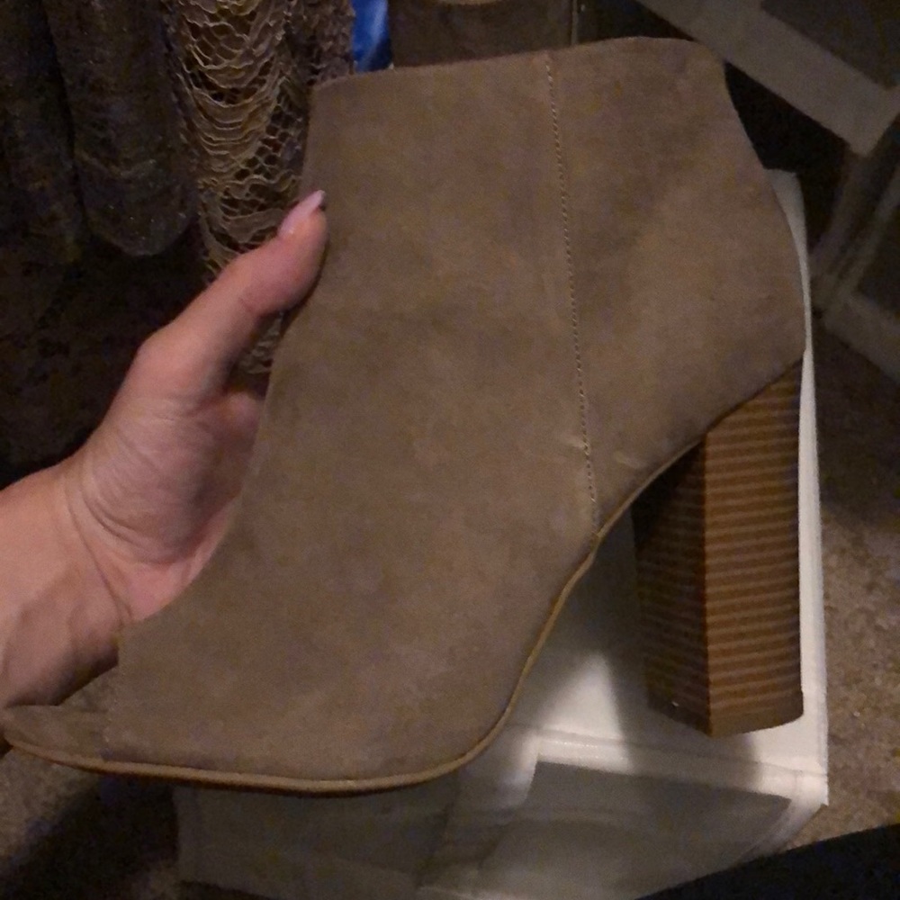Open toe taupe booties